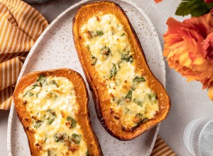 Baked Butternut Squash Pumpkin Stuffed with Spinach and Ricotta Cheese